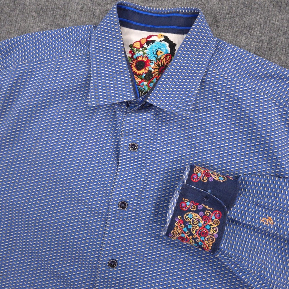 Robert Graham Shirt Mens Large Blue Geometric Embroidered Flip Cuff Classic Fit